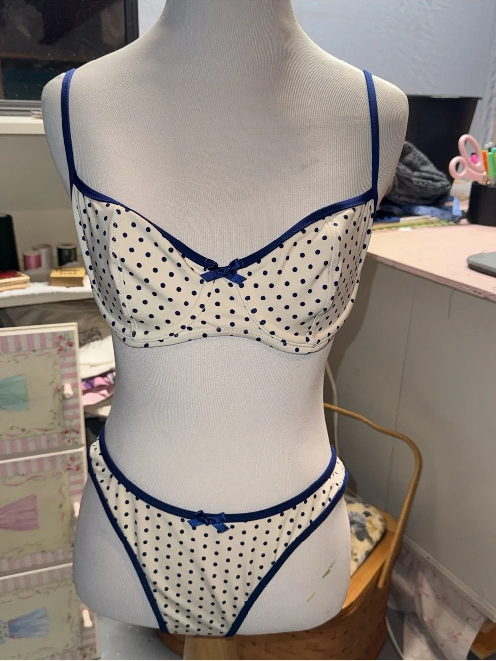 Frankie's Bikinis Cream and Navy Polka Dot Bikini Set